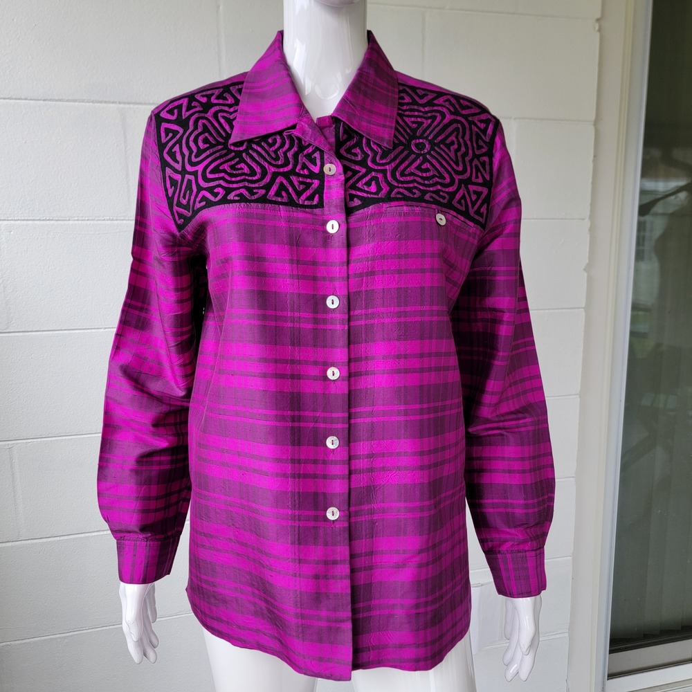 VTG 90s Silk Essentials Button Down Purple Shirt Women's M Raw Silk Boho Artisan